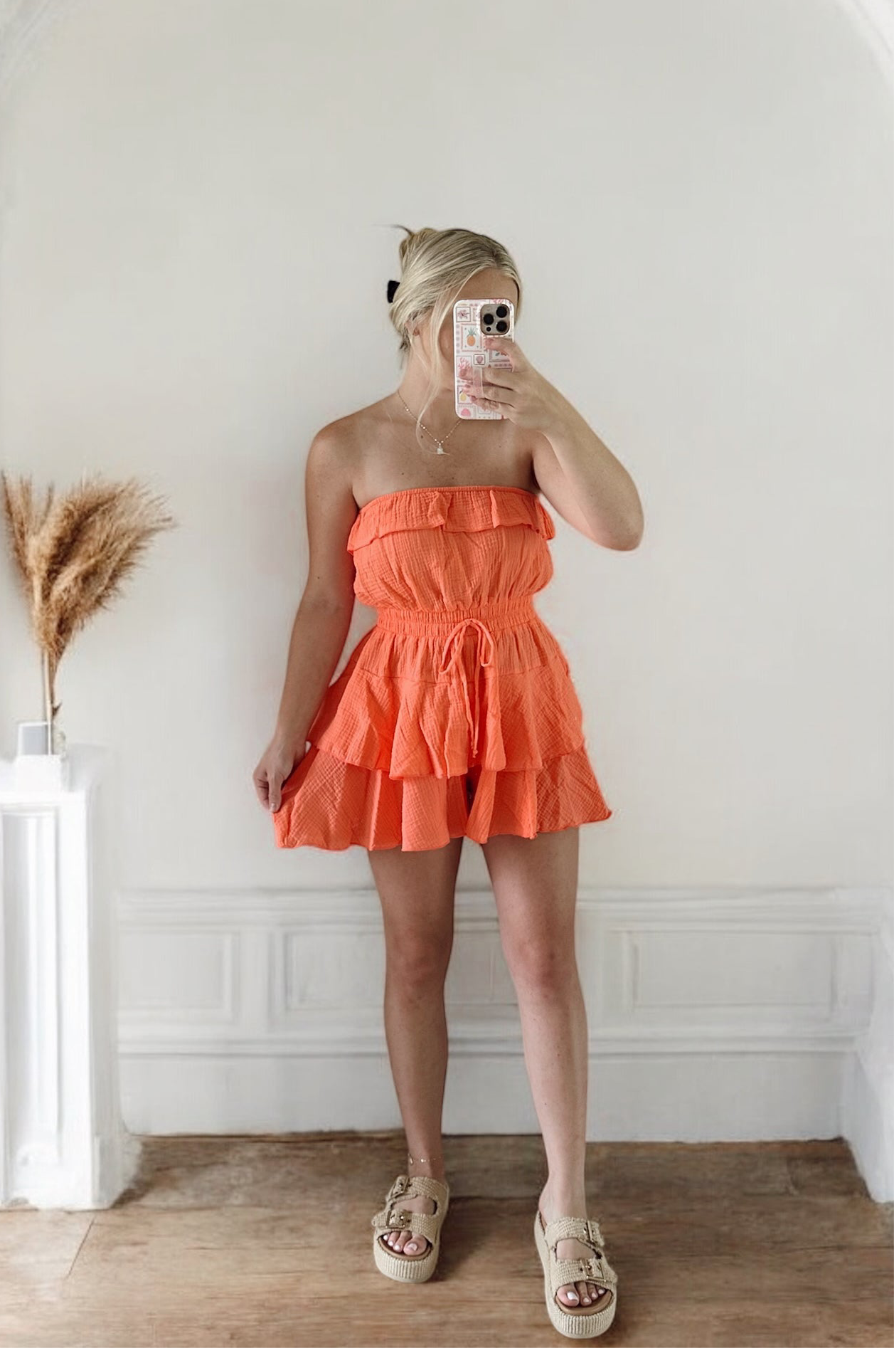 Hot Coral Strapless Ruffle Romper
