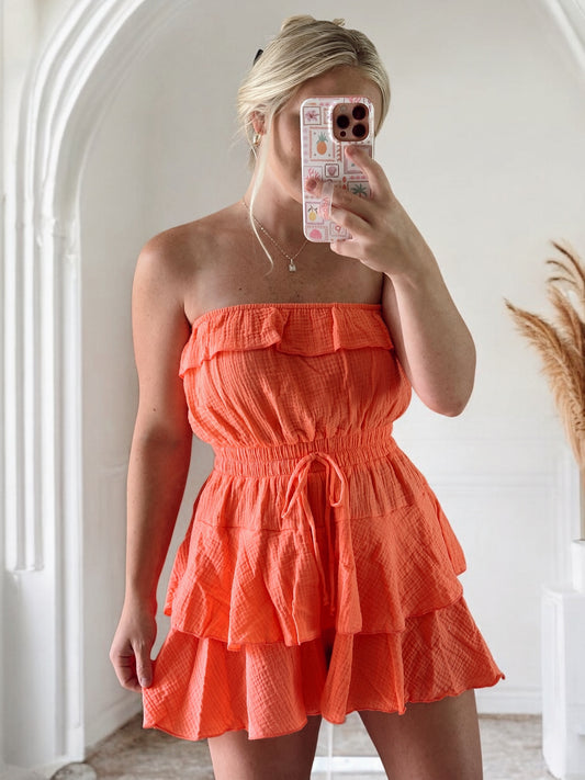 Hot Coral Strapless Ruffle Romper